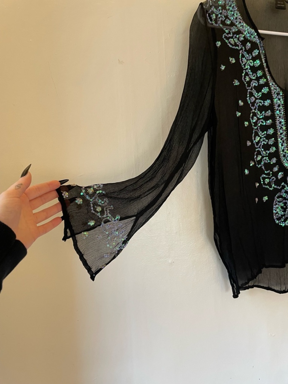VENUS Black LongSleeve Embellished 100% Silk Y2K Top Tunic Beach Summer Cover - Picture 8 of 16